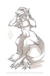  2016 ambiguous_gender anthro claws ear_piercing english_text fur hair long_hair monochrome nude piercing raesheris sergal signature solo text toe_claws tongue tongue_out tuft white_fur white_hair 