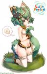  animal_ears bad_id bad_pixiv_id baozi bare_shoulders boots copyright_name eyepatch food gloves grass green_hair highres holding_own_tail kneeling last_period looking_at_viewer moruhu mul_latum navel red_eyes short_hair solo spoken_food tail thought_bubble twitter_username 