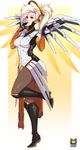  artist_name blonde_hair blue_eyes bodysuit boots border breasts brown_background brown_legwear faulds fingers_to_mouth full_body gradient gradient_background gun handgun high_ponytail highres holding holding_gun holding_weapon knee_boots kyoffie12 mechanical_halo mechanical_wings medium_breasts mercy_(overwatch) overwatch pantyhose pistol signature solo spread_wings standing standing_on_one_leg thighhighs watermark weapon white_background white_border wings yellow_wings 