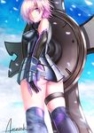  armor artist_name ass breasts closed_mouth day fate/grand_order fate_(series) from_behind hair_over_one_eye looking_back mash_kyrielight medium_breasts outdoors purple_eyes purple_hair shield short_hair signature smile solo standing thigh_strap wa-kun wind 