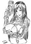  1girl 2016 areola_slip bangs black_hair breasts butcha-u dated gantz gun large_breasts long_hair looking_at_viewer monochrome simple_background sketch smile solo white_background 