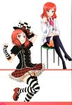  absurdres artist_request black_legwear chair checkered checkered_hat crossed_legs doctor elbow_gloves fingerless_gloves frilled_skirt frills gloves hat high_heels highres labcoat lolita_fashion love_live! love_live!_school_idol_festival love_live!_school_idol_project medic multiple_views necktie nishikino_maki non-web_source official_art pleated_skirt puffy_sleeves purple_eyes red_footwear red_hair scan shoes simple_background sitting skirt smile stethoscope striped striped_gloves striped_legwear thighhighs white_background zettai_ryouiki 