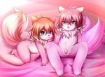  &lt;3 all_fours alternate_version_available am_ericium anthro balls bed blue_eyes blush canine censored cub duo female fur girly hair half-closed_eyes heart_censor looking_at_penis lying male male/female mammal multi_tail on_back open_mouth penis pillow pink_background pink_fur pink_hair red_hair simple_background spread_legs spreading uncut young 