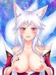  ahri animal_ears arms_up artist_name bangs bare_shoulders blush breasts burbur cleavage detached_sleeves embarrassed fangs fingernails fox_ears fox_tail groping korean_clothes large_breasts league_of_legends long_hair looking_at_viewer multiple_tails nipples open_mouth red_eyes simple_background solo tail watermark web_address whisker_markings white_hair 