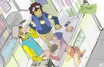  1girl 2boys cellphone cum digimon digimon_adventure_02 facial glasses goggles handjob inoue_miyako kennoarkkan kneeling motomiya_daisuke multiple_boys takaishi_takeru tongue_out under_table 