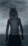  anthro black_eyes canine clothed clothing fur hair looking_at_viewer male mammal reykat solo standing tattoo topless 