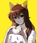  &lt;3 animal_humanoid cat_humanoid clothed clothing feline female humanoid looking_at_viewer mammal melloque simple_background smile solo yellow_background 