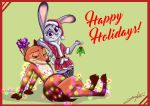  2018 anthro canine christmas clothed clothing digital_media_(artwork) disney duo female fox fur hat holidays holly_(plant) juantriforce042 judy_hopps lagomorph looking_at_viewer male mammal nick_wilde nude plant rabbit ribbons santa_hat simple_background smile text zootopia 