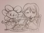  -_- blush eating flower flowey_(undertale) frisk_(undertale) meatballs monochrome pasta plant spaghetti undertale upper_body |_| 