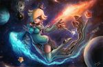  artist_name bare_shoulders blonde_hair blue_eyes breasts chiko_(mario) crown dress earrings floating galaxy hair_over_one_eye high_heels holding holding_wand jewelry lips long_hair mario_(series) medium_breasts novanim planet rosetta_(mario) smile space star star_(sky) super_mario_bros. super_mario_galaxy thighhighs wand 