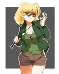  artist_name blonde_hair breasts cleavage earrings golf_club highres jacket jcm2 jewelry large_breasts lori_loud short_shorts shorts signature smile solo sunglasses the_loud_house track_jacket whistle 