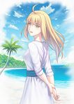  ahoge alternate_costume arms_behind_back artoria_pendragon_(all) beach bird blonde_hair blue_sky blush breasts cloud day dress eyebrows eyebrows_visible_through_hair fate/stay_night fate_(series) fateline_alpha green_eyes long_hair looking_at_viewer medium_breasts ocean outdoors palm_tree saber scenery sky smile solo standing tree water wrist_grab 