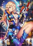  blonde_hair breasts building character_request green_eyes gun handgun head_tilt holding holding_weapon holster long_hair medium_breasts parted_lips pistol rifle rodway snorkel solo trickster unzipped water weapon wet zipper 