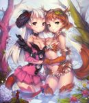  2girls :3 animal_ears bandeau bare_tree breasts character_request collar collarbone copyright_request demon_girl demon_horns demon_tail dress flower fox_ears fox_tail fur green_eyes holding_hands horn_ribbon horns hydrangea leaf long_hair looking_at_another looking_at_viewer medium_breasts miniboy multiple_girls outdoors partially_submerged pond purple_dress purple_eyes purple_ribbon red_ribbon ribbon rodway short_hair sleeveless sleeveless_dress standing strapless strapless_dress tail tail_ribbon tree water white_hair 