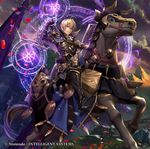  ahoge aozi_seizi armor armored_boots belt black_armor blonde_hair boots brown_eyes brynhildr_(tome) capelet casting_spell castle collar company_name fire_emblem fire_emblem_cipher fire_emblem_if flower horns horse horseback_riding leon_(fire_emblem_if) magic_circle male_focus mountain official_art petals riding skull smile solo sunset 