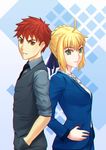  1girl ahoge alternate_costume artoria_pendragon_(all) back-to-back bad_id bad_pixiv_id blonde_hair brown_eyes brown_hair emiya_shirou fate/stay_night fate_(series) fateline_alpha green_eyes grin hand_in_pocket highres looking_at_viewer necktie saber smile thumb_in_pocket 