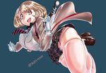  1girl blonde_hair breasts brown_eyes bud_(pixiv4618092) female gloves gun hair_ornament hairclip huge_breasts looking_at_viewer miniskirt narusawa_ryouka occultic;nine open_mouth shirt shoes short_hair signature simple_background skirt solo thighhighs thighs weapon white_gloves white_shirt 