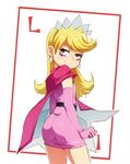  ass blonde_hair blush brown_eyes dress earrings elbow_gloves gloves highres jcm2 jewelry lola_loud long_hair looking_at_viewer looking_back pink_cape pink_dress pink_gloves smile solo the_loud_house tiara 