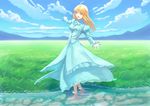  ahoge alternate_costume artoria_pendragon_(all) blue_sky cloud day fate/stay_night fate_(series) fateline_alpha full_body grass green_eyes long_hair outdoors outstretched_arms saber sky solo spread_arms stream wading 