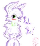  2016 animatronic anthro black_nose blush bow_tie breasts dashia dashiathebunny dialogue digital_media_(artwork) e-01_(artist) edit english_text fan_character featureless_breasts featureless_crotch female five_nights_at_freddy&#039;s fur green_eyes hair hair_tuft lagomorph long_ears machine mammal purple_fur rabbit remake robot shaded simple_background solo standing text the_zero_one_(artist) video_games white_background 