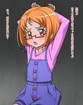  1girl ? arms_behind_head blush child eyelashes glasses gradient gradient_background open_mouth orange_eyes orange_hair precure restrained shiny shiny_hair shirabe_ako solo tak-u_(sugurusato) text translation_request 