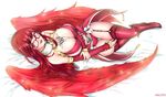  akchu artist_name boots breasts cleavage detached_sleeves full_body garter_straps glasses highres large_breasts lips long_hair looking_at_viewer lying mabinogi red_eyes red_hair solo thighhighs wings 