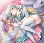  aqua_hair ass blush breasts cleavage fan fate/grand_order fate_(series) folding_fan giant_snake highres horns japanese_clothes kimono kiyohime_(fate/grand_order) light_smile long_hair looking_at_viewer medium_breasts pelvic_curtain sandals snake solo thighhighs white_legwear white_snake yellow_eyes yuemanhuaikong 