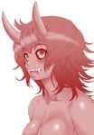  :d black_sclera breasts collarbone eyebrows eyebrows_visible_through_hair fangs gala_(monster_musume) ghoul horns kouda_tomohiro long_fangs medium_breasts monochrome monster_girl monster_musume_no_iru_nichijou monster_musume_no_iru_nichijou_online nude open_mouth out-of-frame_censoring red sharp_teeth simple_background smile solo teeth upper_body white_background 