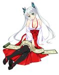  black_legwear breasts butterfly_hair_ornament cleavage detached_sleeves full_body green_eyes hair_ornament kure_masahiro large_breasts long_hair official_art sandals sashou_urara scroll simple_background solo thighhighs twintails valkyrie_drive valkyrie_drive_-siren- white_background white_hair 