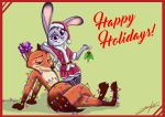  2018 animated anthro canine christmas clothed clothing digital_media_(artwork) disney duo female fox fur hat holidays holly_(plant) juantriforce042 judy_hopps lagomorph looking_at_viewer male mammal nick_wilde nude plant rabbit ribbons santa_hat simple_background smile text zootopia 