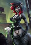  2016 anthro armor big_breasts black_nose blue_eyes bracers breasts building canine cleavage clothed clothing ear_piercing female highlights mammal pants piercing pink_highlights pussy pussy_juice shirt sleeveless_shirt solo wolf wolfy-nail 