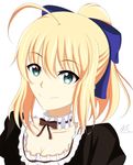  ahoge alternate_costume ann_(e04su31842k7hl4) artoria_pendragon_(all) blonde_hair breasts choker cleavage enmaided fate/stay_night fate_(series) green_eyes highres lace lace_choker maid medium_breasts ponytail saber smile solo white_background 