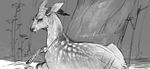  ambiguous_gender cervine deer feral forest looking_at_viewer lying mammal monochrome on_side outside reykat sketch solo tree 