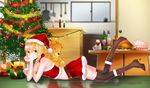  absurdres arm_support artoria_pendragon_(all) belt blonde_hair bomhat boots bottle cake candy candy_cane christmas_lights christmas_ornaments christmas_tree cross-laced_footwear cup drinking_glass fate/stay_night fate_(series) food fur-trimmed_boots fur_trim green_eyes hat highres lace-up_boots looking_at_viewer lying midriff on_stomach ornament saber santa_costume santa_hat solo stuffed_animal stuffed_lion stuffed_toy table thighhighs thighs turkey_(food) wine_bottle wine_glass 