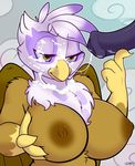  2016 absurd_res animal_genitalia animal_penis anthro anthrofied areola avian beak big_breasts breasts brown_feathers cum cum_on_face equine_penis eyelashes feathers female friendship_is_magic gilda_(mlp) gryphon half-closed_eyes hand_on_breast hi_res male my_little_pony nipples penis skoon smile solo_focus white_feathers wings yellow_eyes 