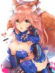  alternate_color animal_ears bad_id bad_pixiv_id blush breasts cleavage cosplay dangerous_beast fang fate/extra fate/grand_order fate_(series) fox_ears fox_tail fur fur-trimmed_gloves fur-trimmed_legwear fur_trim gloves hair_ribbon halloween_costume highres ichinosenen large_breasts long_hair mash_kyrielight mash_kyrielight_(cosplay) o-ring o-ring_top open_mouth pink_hair ponytail ribbon sitting solo tail tamamo_(fate)_(all) tamamo_no_mae_(fate) underwear yellow_eyes 