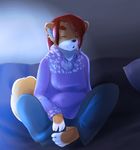  2016 anthro barefoot bed blue_tongue breasts cainethelongshot canine chow clothed clothing dog eyes_closed facial_piercing female fluffy fluffy_tail fur hair lounge_pants mammal markings open_mouth paws piercing pillow pomme puffy simple_background sitting slightly_chubby solo sweater toes 