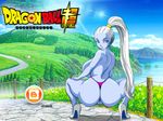  1girl 4:3_aspect_ratio ass bent_knees blue_skin breasts detailed_background dissel dragon_ball dragon_ball_super female female_only high_heels huge_breasts lake lipstick long_hair looking_back makeup outdoor ponytail purple_lipstick tied_hair vados white_hair 