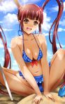  bikini blue_bikini breasts brown_eyes brown_hair cleavage frilled_bikini frills idolmaster idolmaster_million_live! matsuda_arisa md5_mismatch medium_breasts open_mouth solo spread_legs swimsuit trowel twintails yamada_naoko_(hideko1227) 