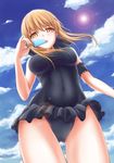  armband artoria_pendragon_(all) ass_visible_through_thighs blonde_hair blue_sky blush breasts casual_one-piece_swimsuit cloud covered_navel day fate/stay_night fate_(series) food frilled_swimsuit frills from_below highres looking_at_viewer medium_breasts miuka one-piece_swimsuit popsicle saber_alter sky solo standing swimsuit taut_clothes taut_swimsuit thighs type-moon wind yellow_eyes 