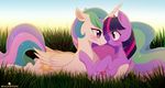  2016 blush cutie_mark duo equine eye_contact feathered_wings feathers female feral friendship_is_magic grass hair horn long_hair mammal momomistress multicolored_hair multicolored_tail my_little_pony princess_celestia_(mlp) purple_eyes purple_feathers smile twilight_sparkle_(mlp) white_feathers winged_unicorn wings 