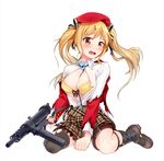  beret blonde_hair blush bow bow_bra bra breasts cleavage girls_frontline gun hat large_breasts long_hair shiny shiny_skin shirosaba sitting solo sten_gun sten_mk2_(girls_frontline) submachine_gun tears torn_clothes twintails underwear wariza weapon white_background yellow_bra 