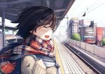  :d absurdres backpack bag black_hair blurry blush checkered checkered_scarf closed_eyes commentary depth_of_field fang highres open_mouth original plan_(planhaplalan) railroad_tracks scarf smile solo sweater tactile_paving train_station train_station_platform translation_request wind 