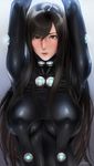  arms_up blush breasts brown_eyes gantz gantz_suit highres large_breasts long_hair looking_at_viewer sgk shimohira_reika solo 