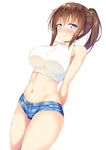  arms_behind_back bare_shoulders blue_eyes blue_shorts blush breasts brown_hair covered_nipples crop_top denim denim_shorts glaring hair_ornament hair_scrunchie highres hips ichi_makoto large_breasts looking_at_viewer midriff navel nose_blush original ponytail scrunchie shiny shiny_skin shirt short_shorts shorts simple_background sleeveless solo stomach sweat taut_clothes taut_shirt thighs turtleneck white_background 
