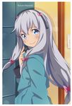  anime_coloring aqua artist_name bad_id bad_pixiv_id black_hair blue_eyes bow bow_panties bowl_cut door eromanga_sensei eyes flower grey_hair hair_flower hair_ornament highres izumi_sagiri long_hair looking_at_viewer older panties self_upload sitting smile solo underwear unmoving_pattern wariza 