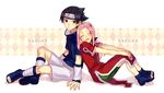  1girl argyle arm_support back-to-back bangs black_hair center_part character_name closed_eyes forehead forehead_protector hands_on_own_knees haruno_sakura leaning_on_person long_hair naruto naruto_(series) parted_bangs sandals shorts sitting smile uchiha_sasuke white_shorts yuu-414 