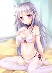  bed blush bra braid breasts cleavage elf emilia_(re:zero) flower gloves hair_flower hair_ornament hair_ribbon hand_on_own_chest indoors long_hair looking_at_viewer medium_breasts multi-strapped_panties navel nikoo no_shoes panties pointy_ears purple_eyes re:zero_kara_hajimeru_isekai_seikatsu revision ribbon side-tie_panties silver_hair sitting smile solo thighhighs underwear underwear_only white_bra white_gloves white_legwear white_panties window 