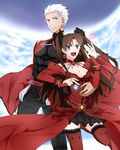  1girl :d akira_(ubw) archer bare_shoulders bracelet breasts brown_hair cleavage dark_skin dark_skinned_male detached_sleeves earrings fate/grand_order fate_(series) formalcraft jewelry medium_breasts open_mouth red_legwear skirt smile standing standing_on_one_leg thighhighs toosaka_rin two_side_up white_hair zettai_ryouiki 