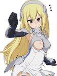  1girl aiz_wallenstein armor armpits black_gloves blonde_hair blush breastplate breasts brown_eyes clenched_hand dress dungeon_ni_deai_wo_motomeru_no_wa_machigatteiru_darou_ka elbow_gloves faulds female gloves hand_up headdress helm helmet long_hair nipples one_breast_out open_mouth pauldrons short_dress simple_background solo surprised takeda_yukimura torn_clothes torn_dress vambraces white_background white_dress 